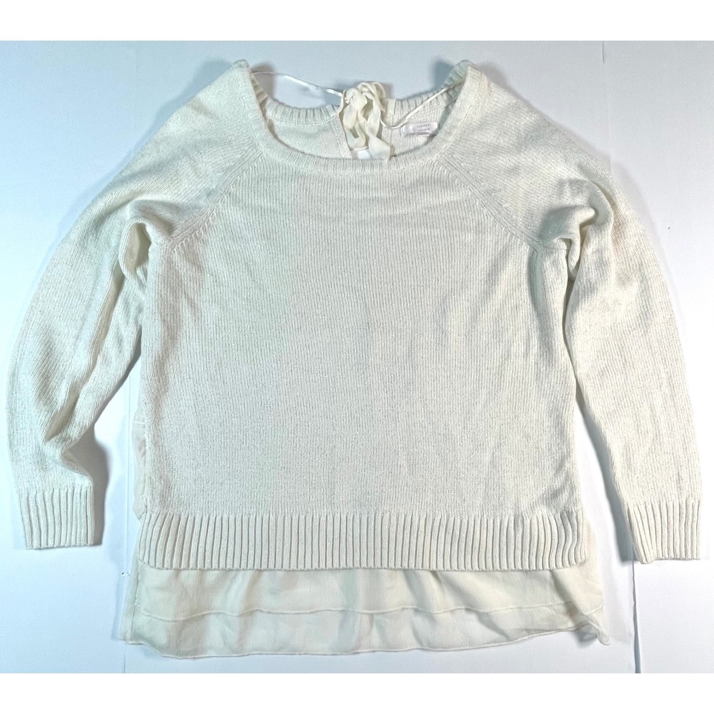LC Lauren Conrad Sweater Women XL Cream Metallic Layered Chiffon Hem Ribbon Tie